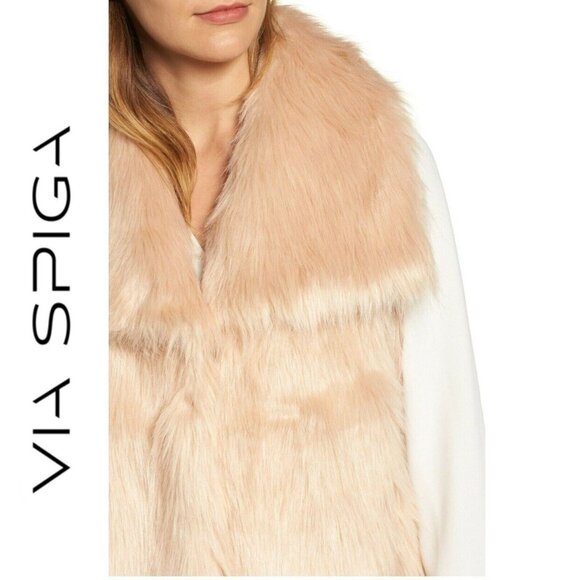 VIA SPIGA Blush Champagne Faux Fur Vest Wide Collar 2 Pockets XL
